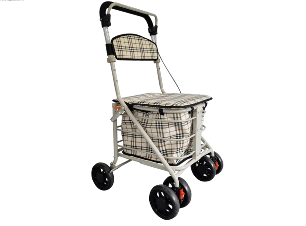 Four-wheel shopping trolley with a padded seat and checkered pattern.