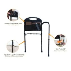 Mobility bed rail with organizer pouch and pivoting arm.