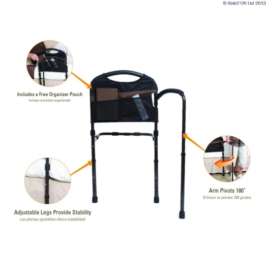 Mobility bed rail with organizer pouch and pivoting arm.