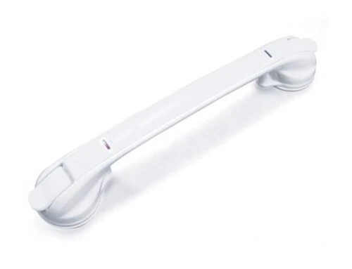 White grab bar with suction cups on each end.