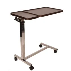 Adjustable over chair table with twin tops and swivel castors.