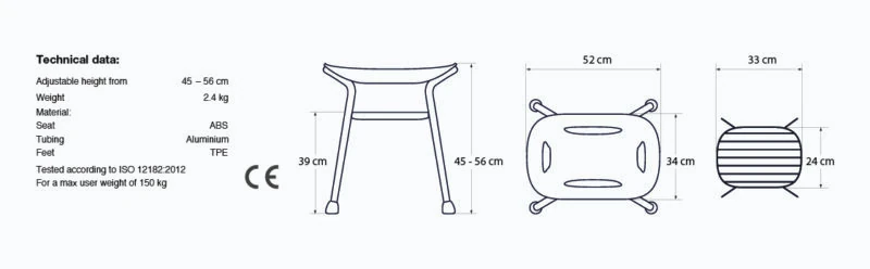 Diagram showing dimensions and specifications of a bath stool.