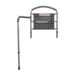 Mobility bed rail with swing-out arm and storage pouch.