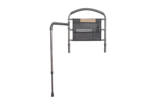 Mobility bed rail with swing-out arm and storage pouch.