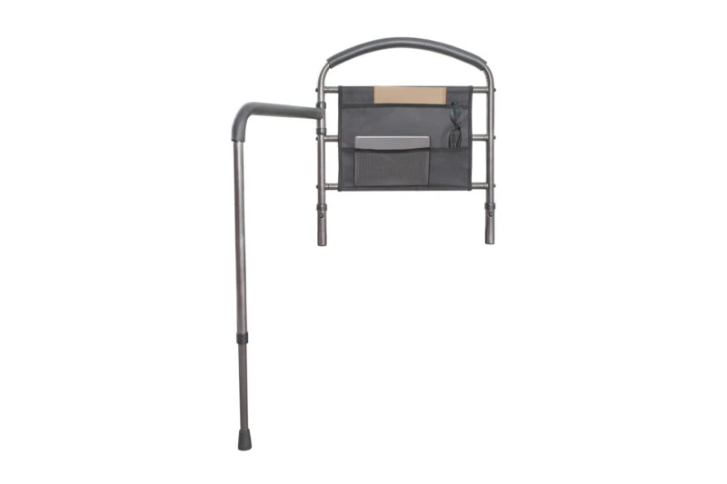 Mobility bed rail with swing-out arm and storage pouch.