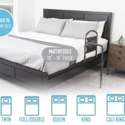Bed rail with swing-out arm attached to a bed in a modern bedroom.