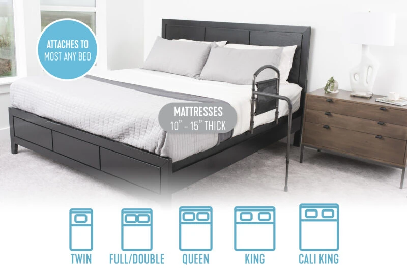Bed rail with swing-out arm attached to a bed in a modern bedroom.