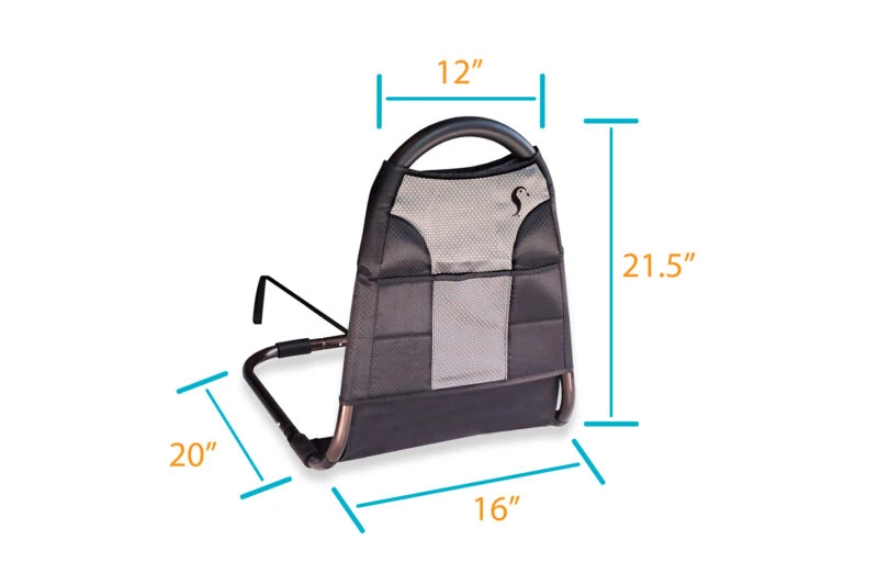 Stander Bedside Econorail with dimensions labeled: 21.5 inches tall, 12 inches wide, 20 inches deep, and 16 inches across.