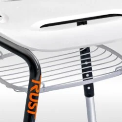 Close-up of white bath stool with black legs and metal wire basket.
