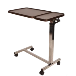 Adjustable over chair table with twin top and swivel castors.