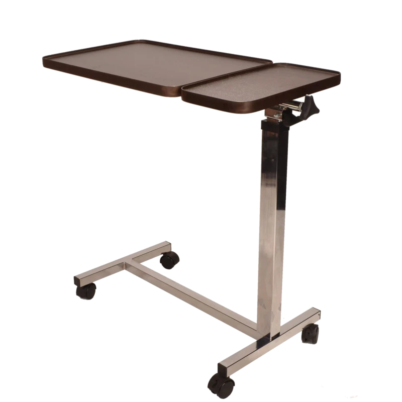 Adjustable over chair table with twin top and swivel castors.