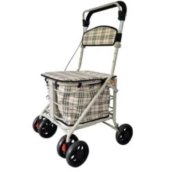 4-wheel shopping trolley with a checkered pattern and padded seat.