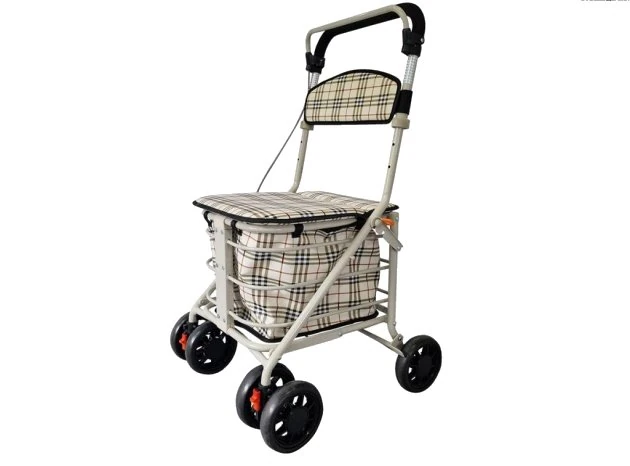 4-wheel shopping trolley with a checkered pattern and padded seat.