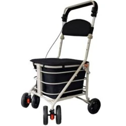 Black shopping trolley with seat and four wheels.