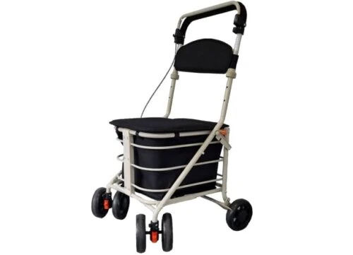Black shopping trolley with seat and four wheels.