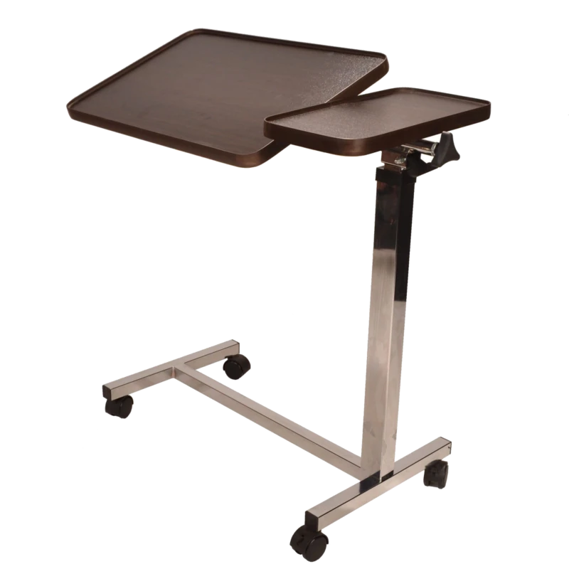 Over chair table with twin tops and swivel castors.