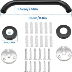 Components of the Bathroom Safety Handle including screws, anchors, and a handle.