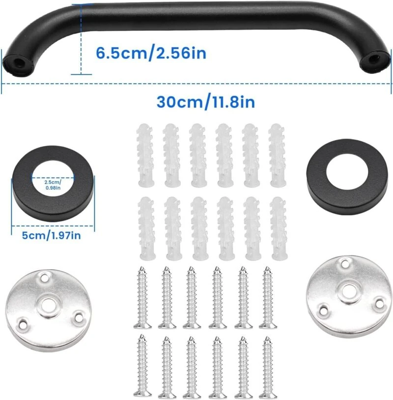 Components of the Bathroom Safety Handle including screws, anchors, and a handle.