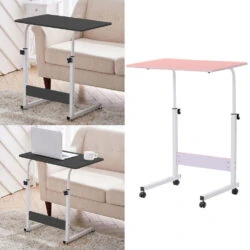Two over chair tables in black and pink, with adjustable heights and wheels.