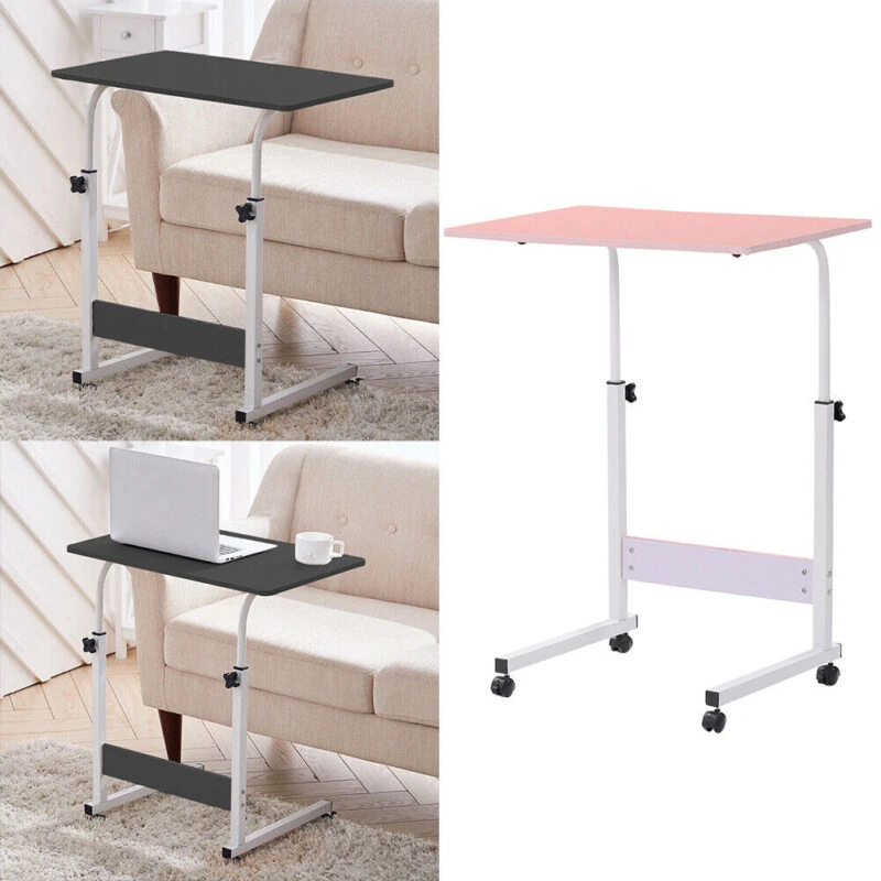 Two over chair tables in black and pink, with adjustable heights and wheels.