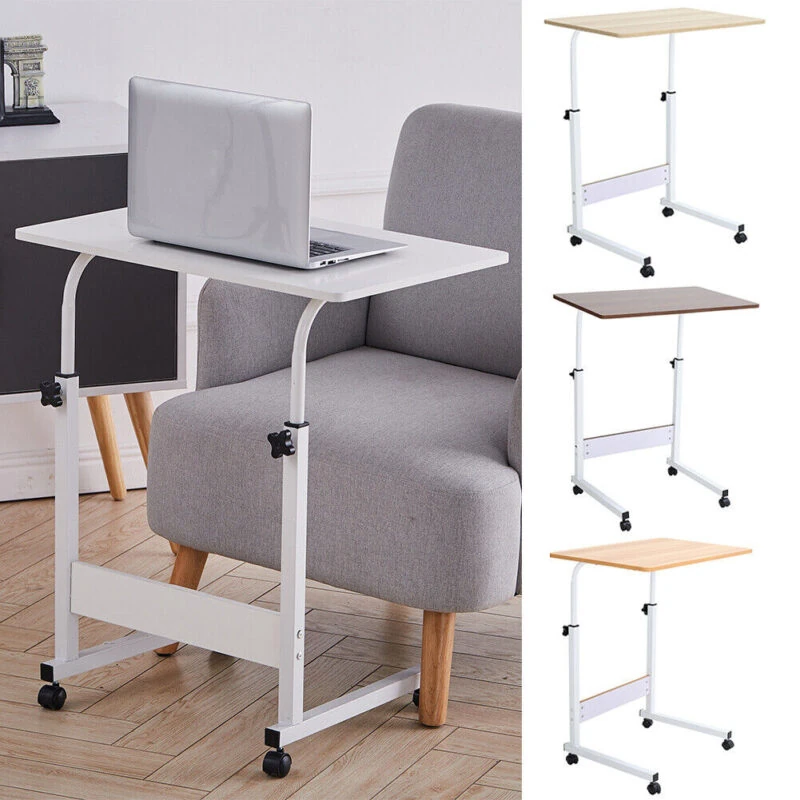 Over chair table with a laptop, adjustable height, and lockable wheels.