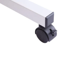 Close-up of a lockable nylon wheel on an overbed table leg.