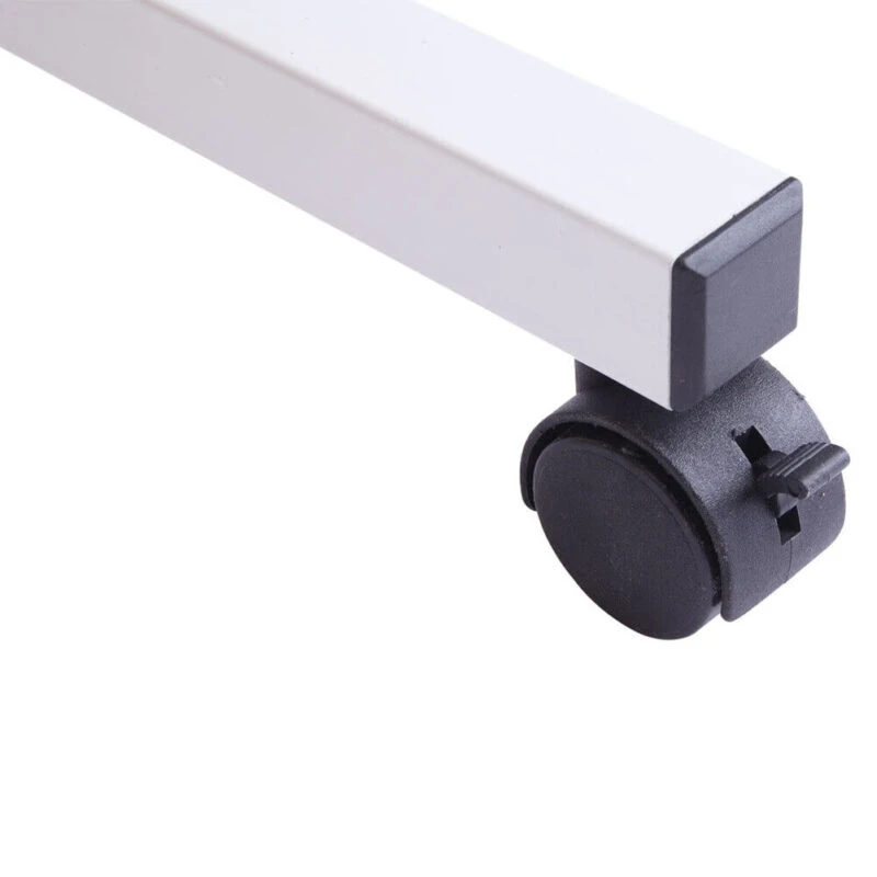 Close-up of a lockable nylon wheel on an overbed table leg.