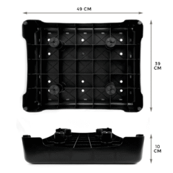 Black plastic outdoor half step with dimensions labeled 49 cm by 39 cm by 10 cm.