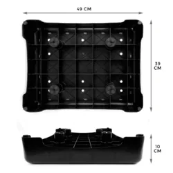 Black plastic outdoor half step with dimensions labeled 49 cm by 39 cm by 10 cm.