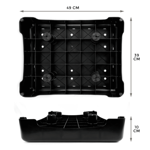 Black plastic outdoor half step with dimensions labeled 49 cm by 39 cm by 10 cm.