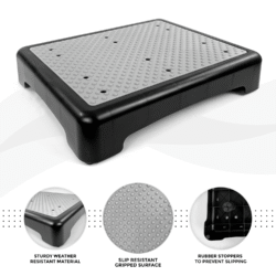 Black and gray outdoor half step with a textured non-slip surface.