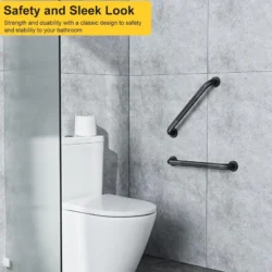 Two black grab bars mounted on a gray bathroom wall near a toilet.