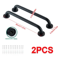 Two black grab bars with dimensions and screws shown.