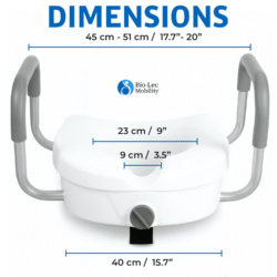Toilet Raiser with adjustable handles and dimensions labeled.