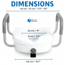 Toilet Raiser with adjustable handles and dimensions labeled.
