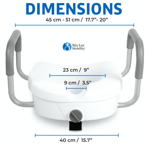 Toilet Raiser with adjustable handles and dimensions labeled.