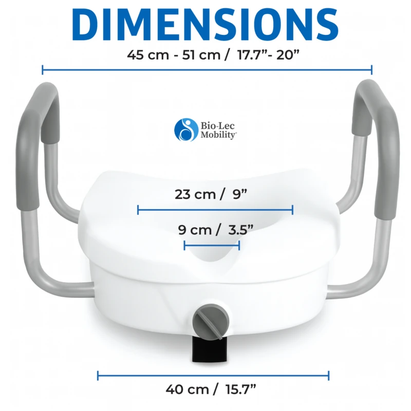 Toilet Raiser with adjustable handles and dimensions labeled.