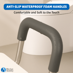 Close-up of anti-slip waterproof foam handle on a toilet raiser.