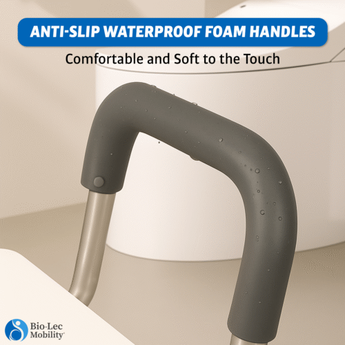 Close-up of anti-slip waterproof foam handle on a toilet raiser.