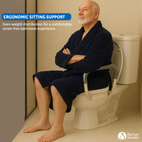 Elderly man sitting on a raised toilet seat with handles in a bathroom.