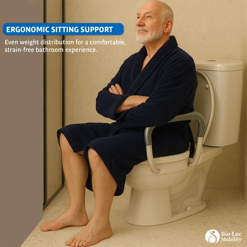 Elderly man sitting on a raised toilet seat with handles in a bathroom.
