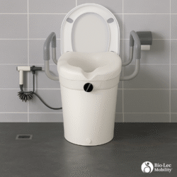 Raised toilet seat with adjustable handles installed on a toilet.