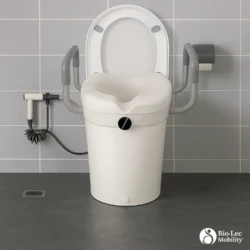 Raised toilet seat with adjustable handles installed on a toilet.