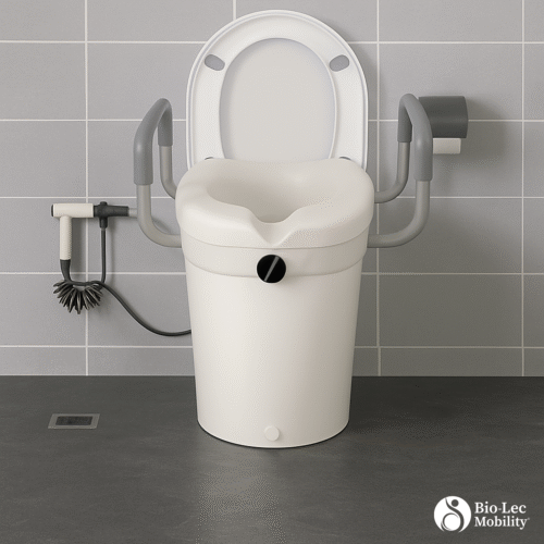 Raised toilet seat with adjustable handles installed on a toilet.