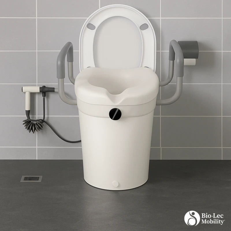 Raised toilet seat with adjustable handles installed on a toilet.