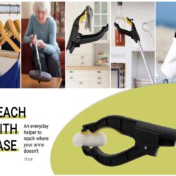 Long reach grabber tool picking various items like clothes, keys, and a cup.