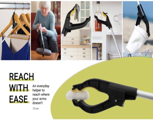 Long reach grabber tool picking various items like clothes, keys, and a cup.