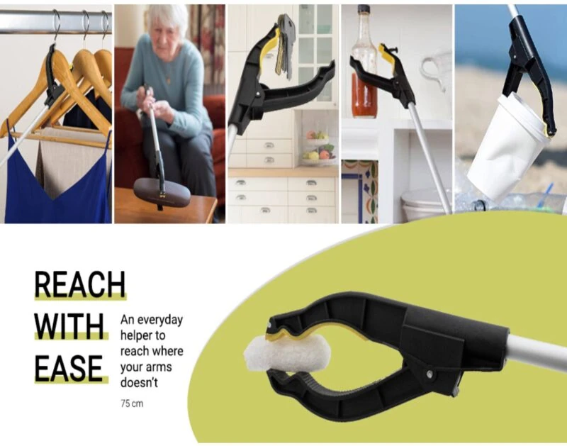 Long reach grabber tool picking various items like clothes, keys, and a cup.