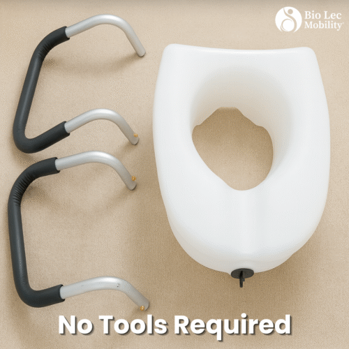 Components of a toilet raiser with handles and text 'No Tools Required'.