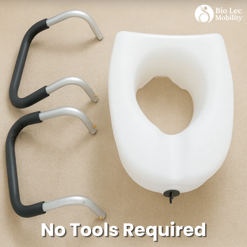 Components of a toilet raiser with handles and text 'No Tools Required'.